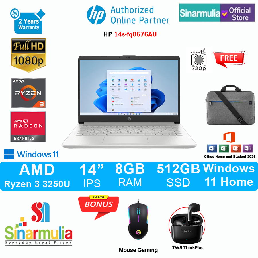 Laptop HP 14s-fq0576AU/fq0557AU Ryzen 3 3250U 512GB SSD 8GB Win11+OHS