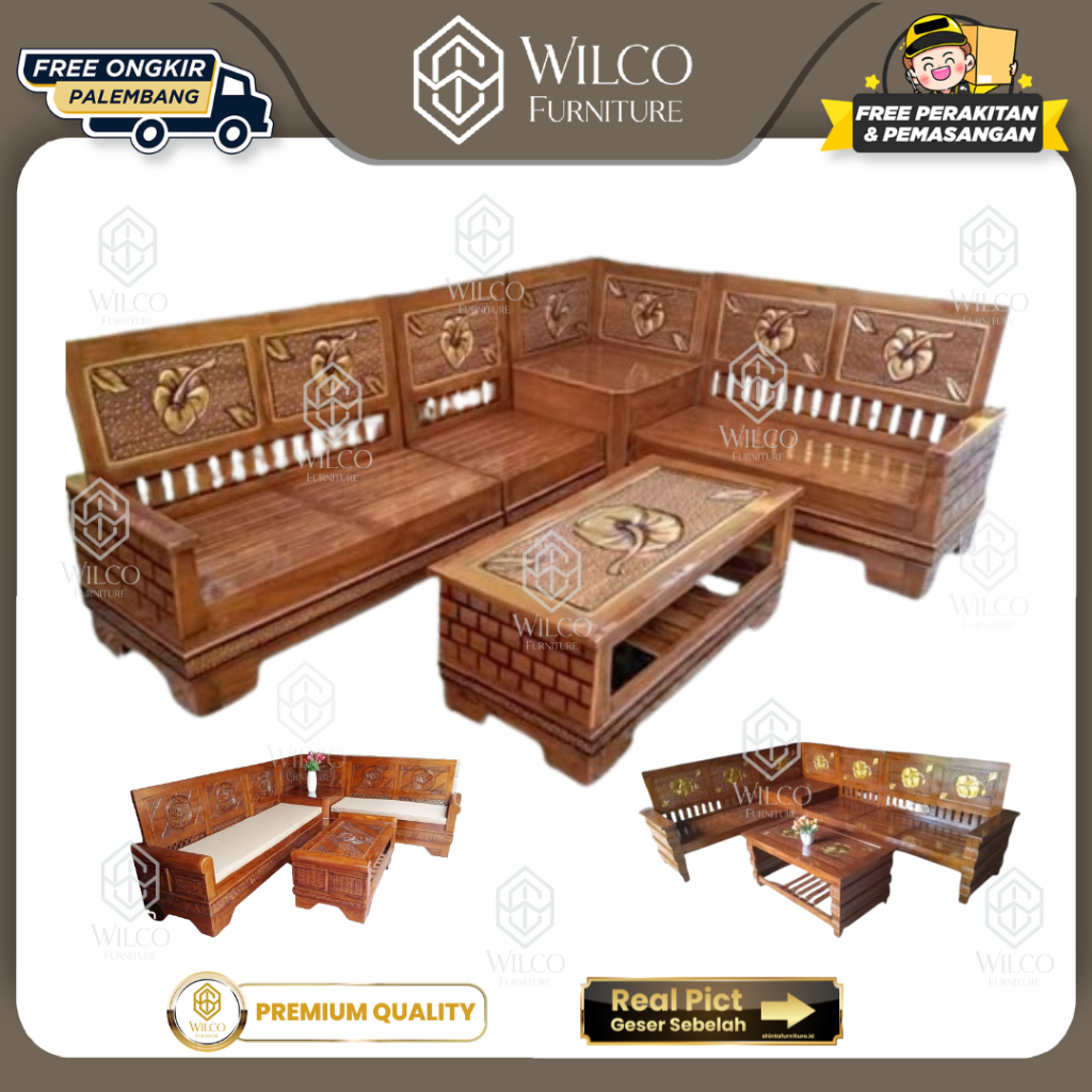 Kursi Tamu L Jati  Jepara Bagong / Sofa L Sudut Jati Jok + Meja /Kursi Sudut Ukir Jati Kursi jati Mu