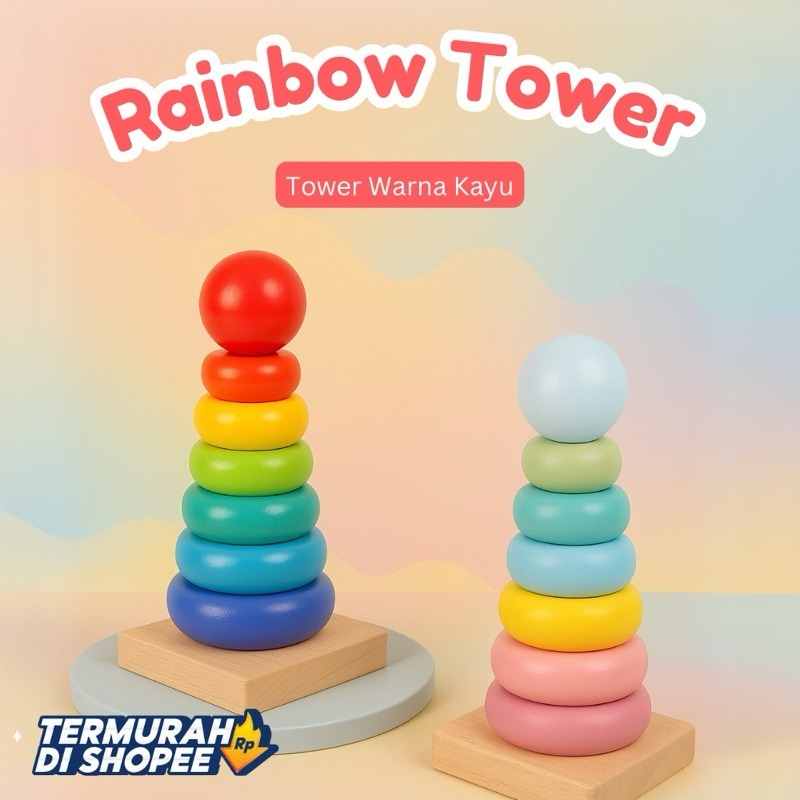Mainan donat susun kayu RAINBOW TOWER / Mainan Edukasi Donat Susun kayu/ Menara donat
