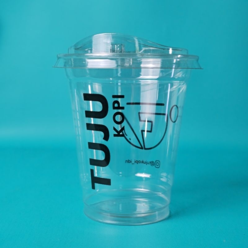 Sablon Cup Plastik Bahan PET - 14 oz Datar dengan Tutup- Polipack -