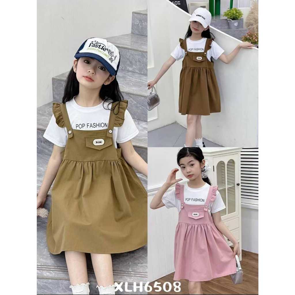 michella GROSIR ISI 5 #6508 SETELAN OVERALL KODOK KATUN 2IN1 DALAMAN KAOS PENDEK ROK Baju Setelan Ka