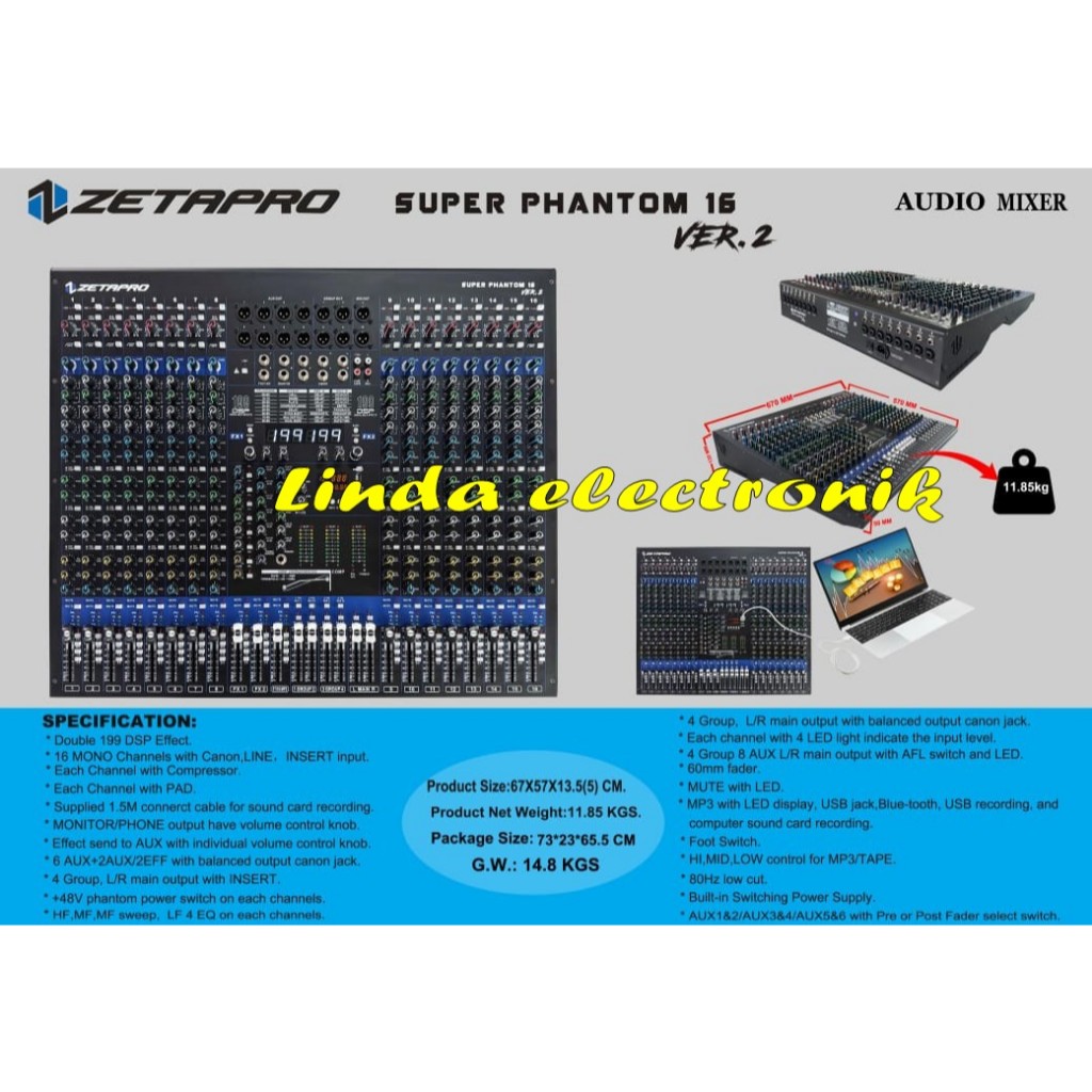 Mixer 16 Channel ZETAPRO SUPER PHANTOM 16 VER.2 / VER 2 Double Effect Original