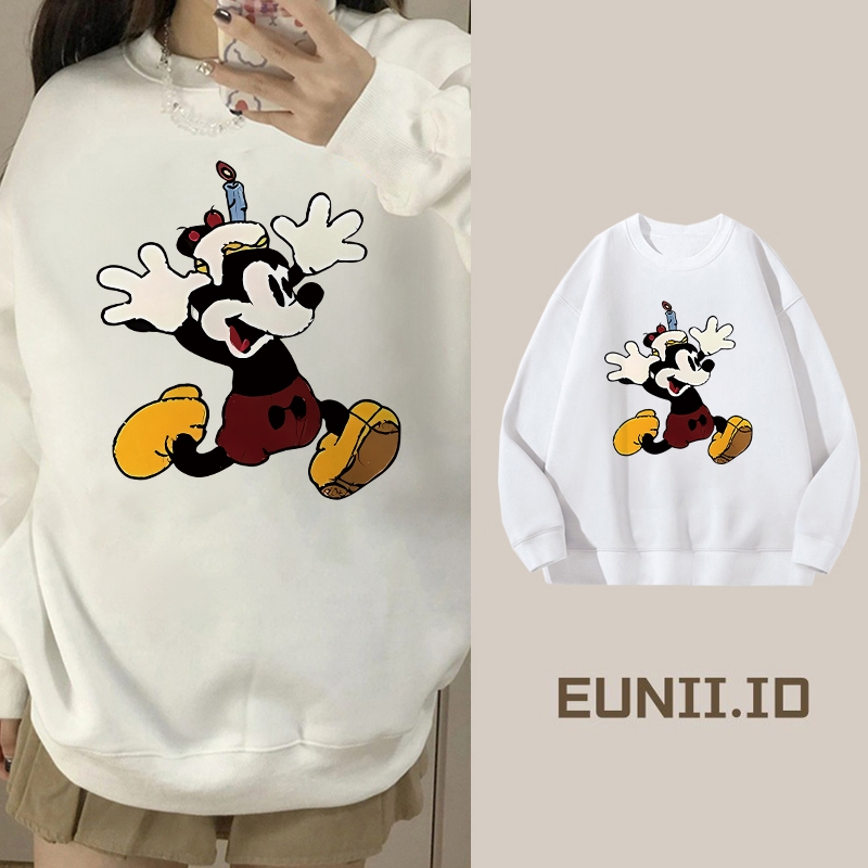 EUNII Sweter longgar Korea motif Mickey Mouse lucu bermotif leher bulat lengan panjang/Sweater lenga