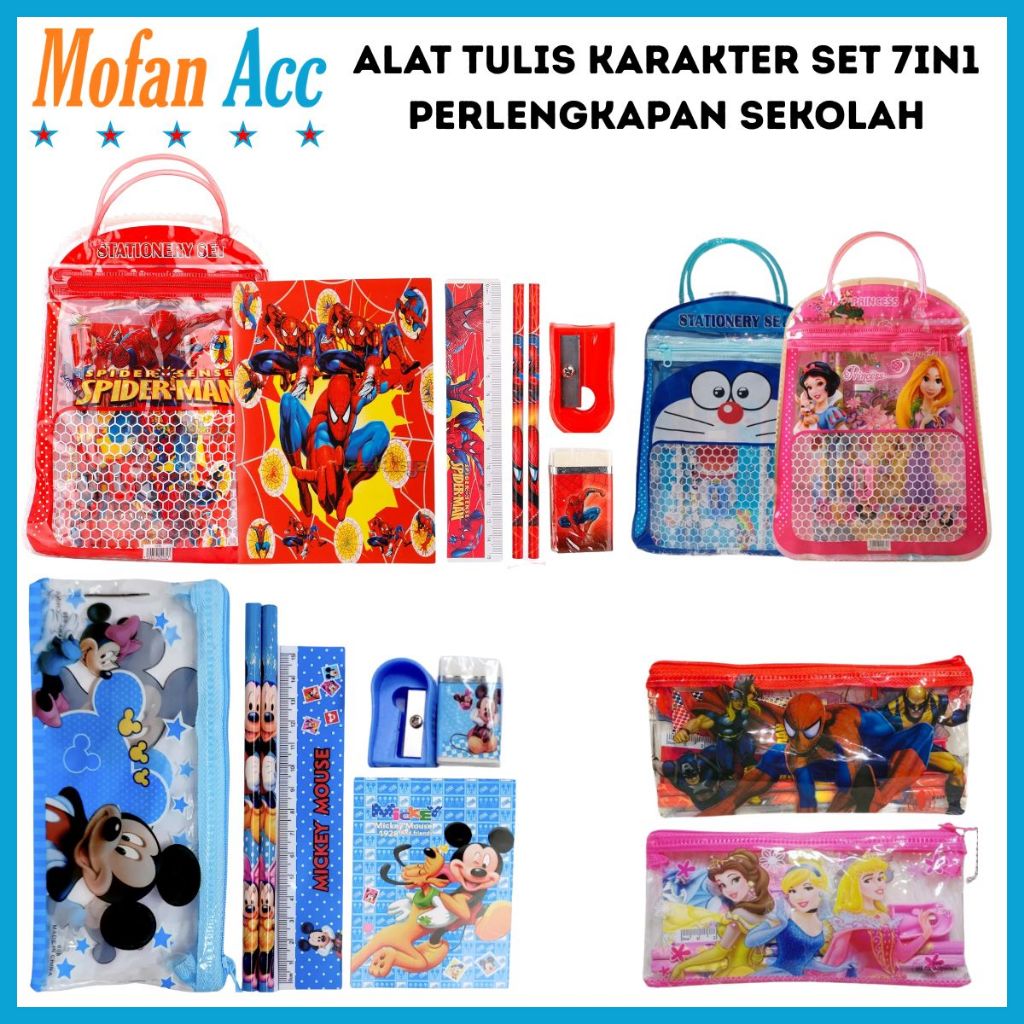 

Set Alat Tulis Karakter Tas Pouch 7in1 / Paket Lengkap Pensil Penghapus Rautan Penggaris Buku Gambar Kartun / Mini Stationery Character 7 Pcs ATK Peralatan Menulis Anak Sekolah Hadiah Kado Ulang Tahun Souvenir Goody Bag Unik Frozen Spiderman Unicorn Cars