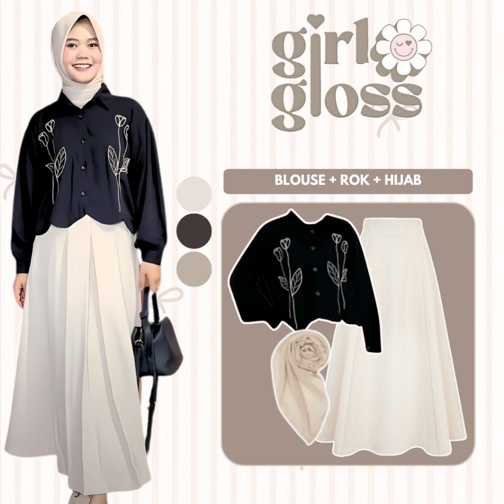 Setelan wanita terbaru|outfit kampus|ootd set (Blouse wanita, Rok hyget, Hijab Bella square) -LU126