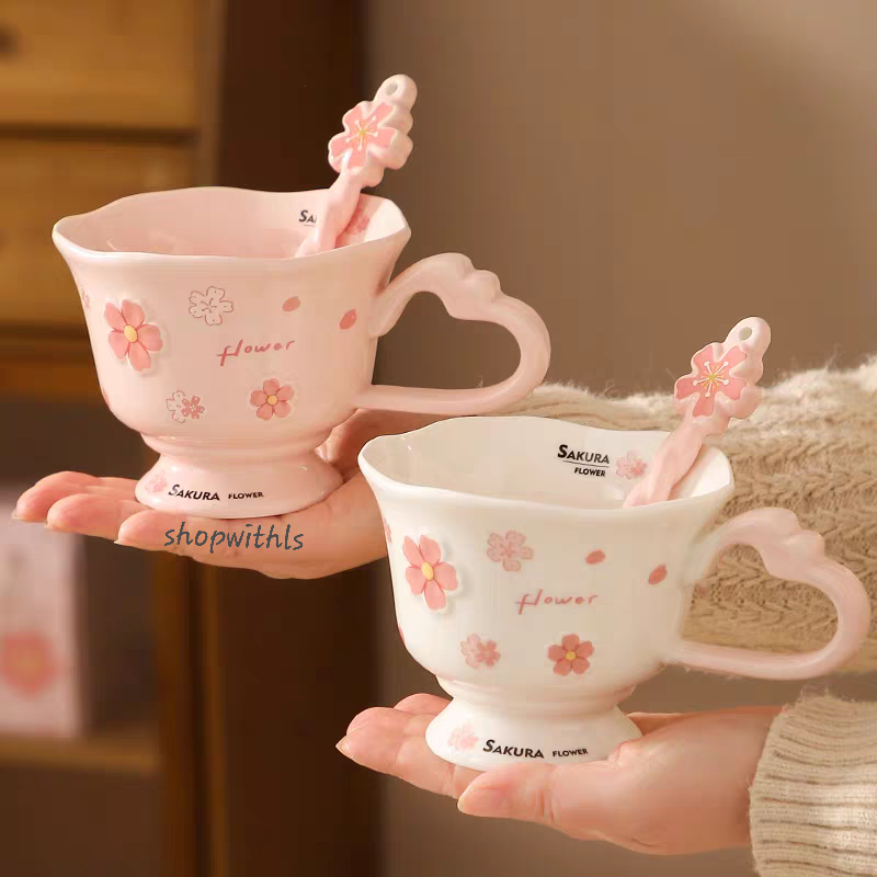 CUP & SPOON (1 SET) /Pum Cup & Spoon/Aesthetic Tea Cup Korean Style/Cangkir Teh Vintage/Cangkir Teh