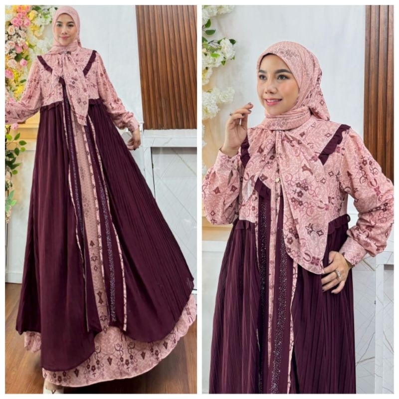 LALUNA BY HUMAIRA SYARI GAMIS CERUTY PREMIUM OUTER CARDI TERPISAH SET JILBAB SEGI EMPAT SCARF DRESS 