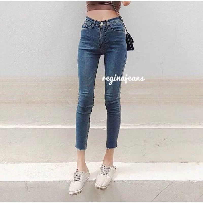 preloved JSK 9132 Celana Skinny jeans wanita custom ufinished cut / gunting bawah bigsize jeans stre