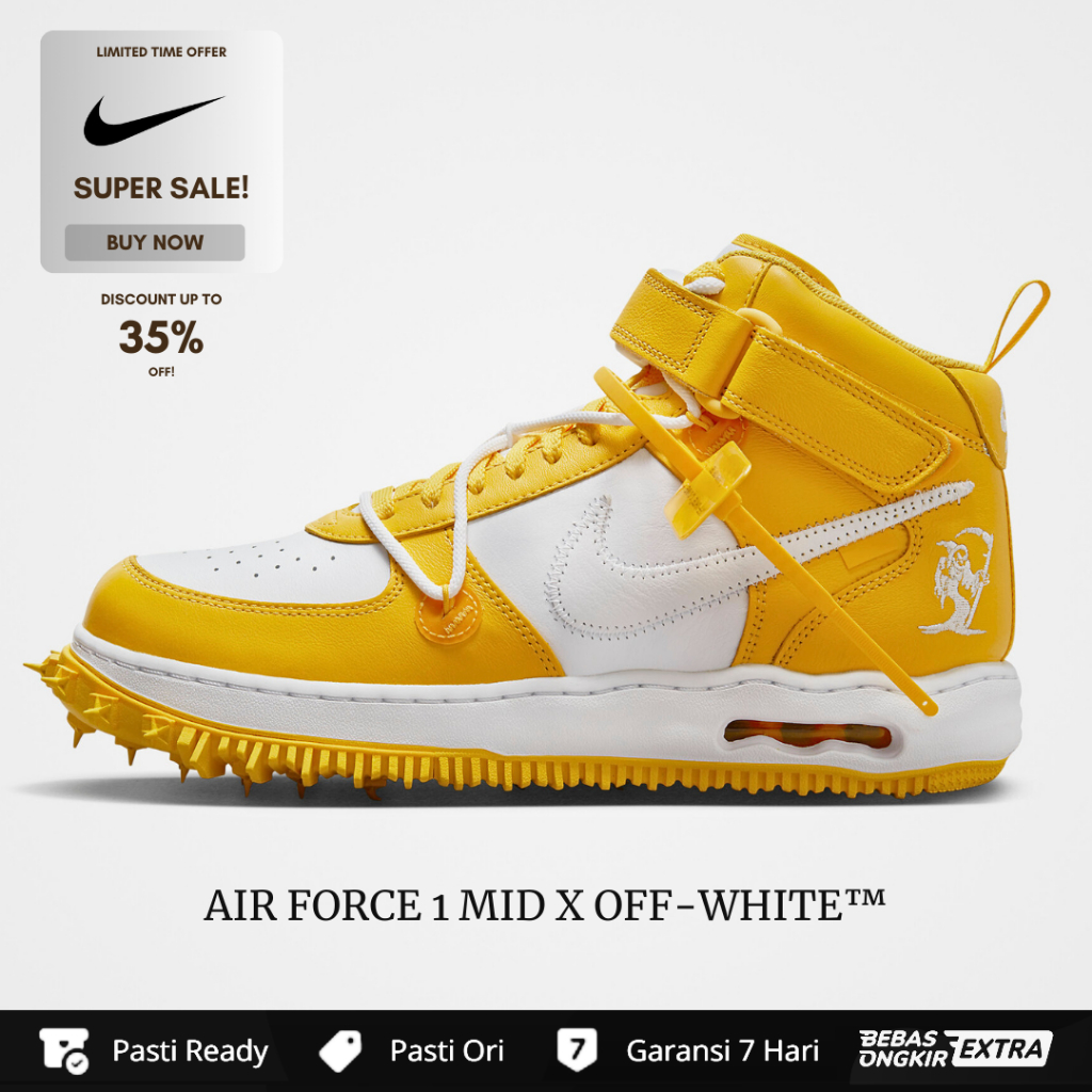 Sepatu Nike Air Force 1 Mid x Off-White White and Varsity Maize