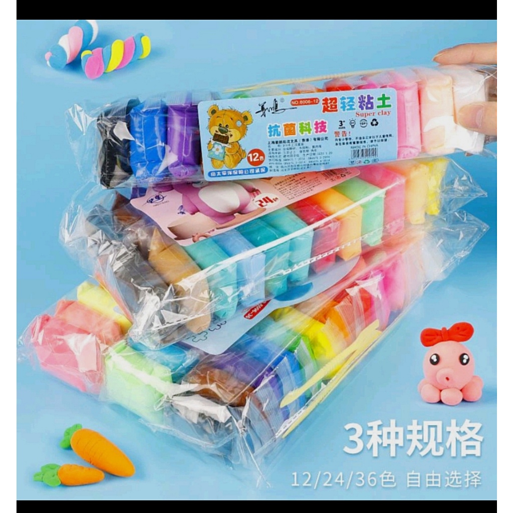 Grosir Clay Warna Polymer Isi 12 pack Super Clay Light rainbow Mainan Lilin Clay Murah