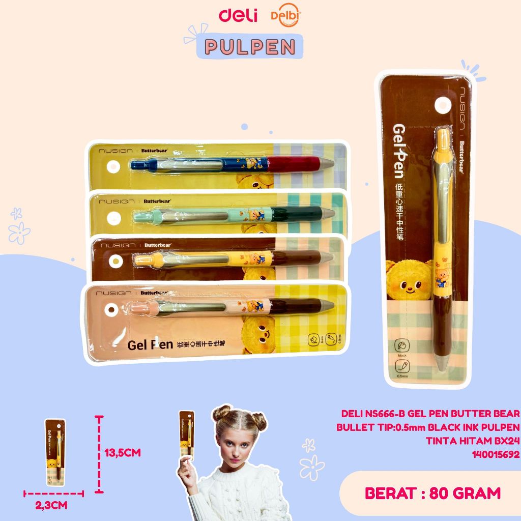 

DELI NS666-B GEL PEN BUTTER BEAR BULLET TIP:0.5mm BLACK INK PULPEN TINTA HITAM