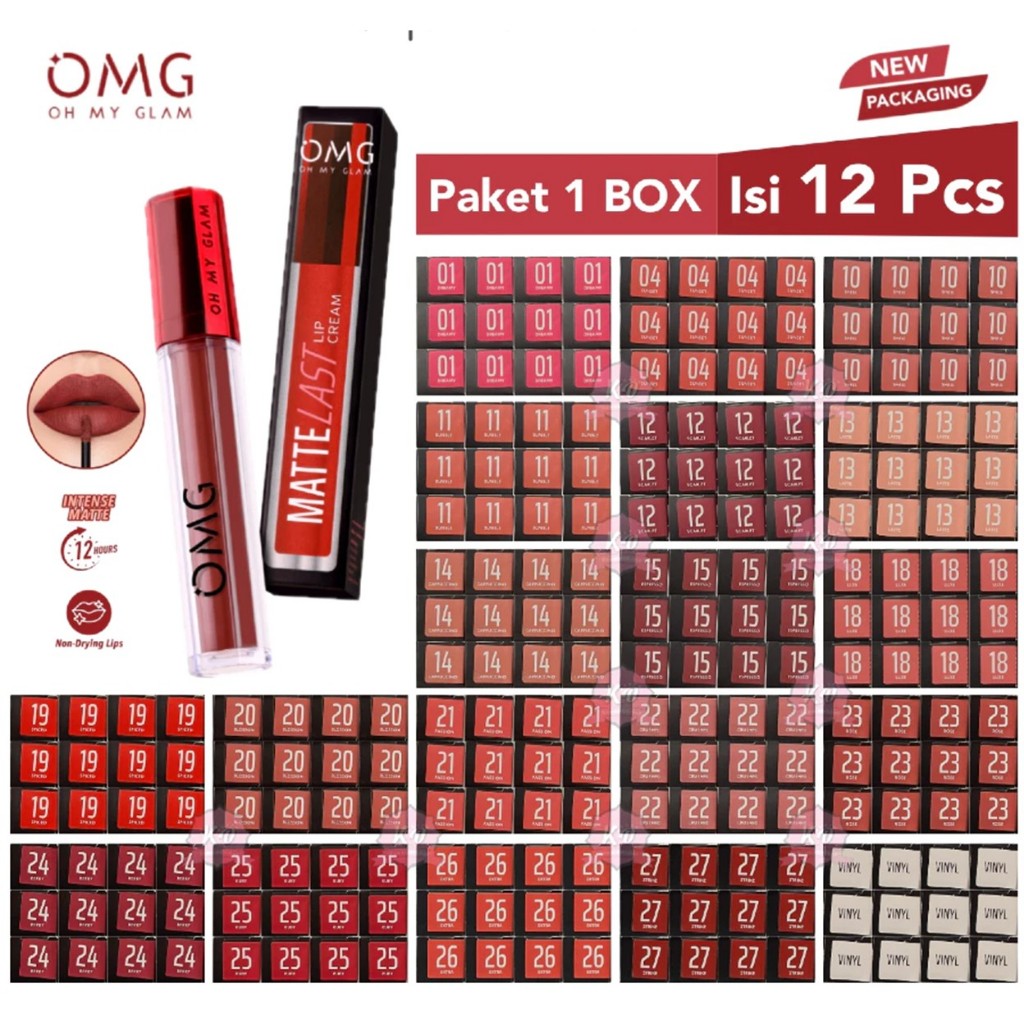 1 BOX OMG Oh My Glam Mattelast Lip Cream / Lipstick Paket 1 Box Isi 12 Pcs | Tahan Lama