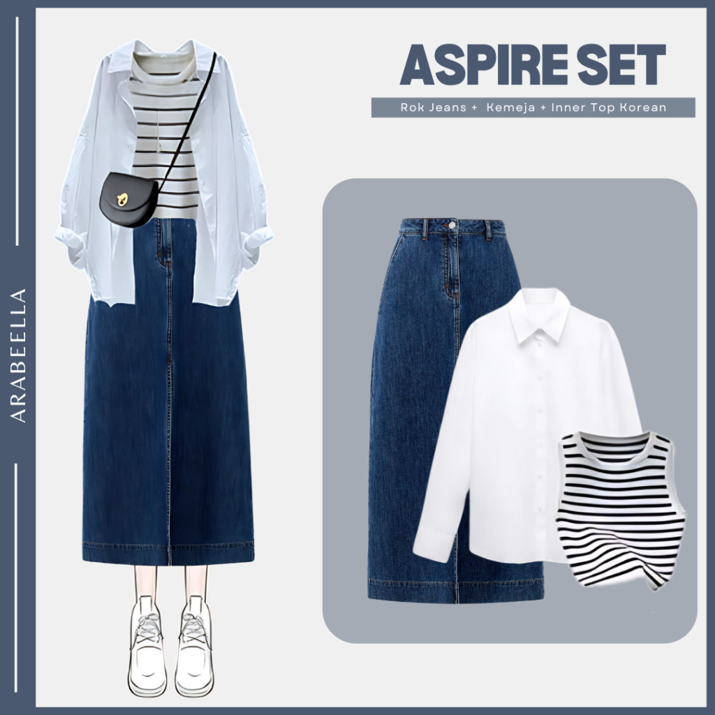 Setelan Wanita Aspire / Rok Jeans / Kemeja Oversize / Inner Top Korean / Outfit Hijab / Oneset Korea