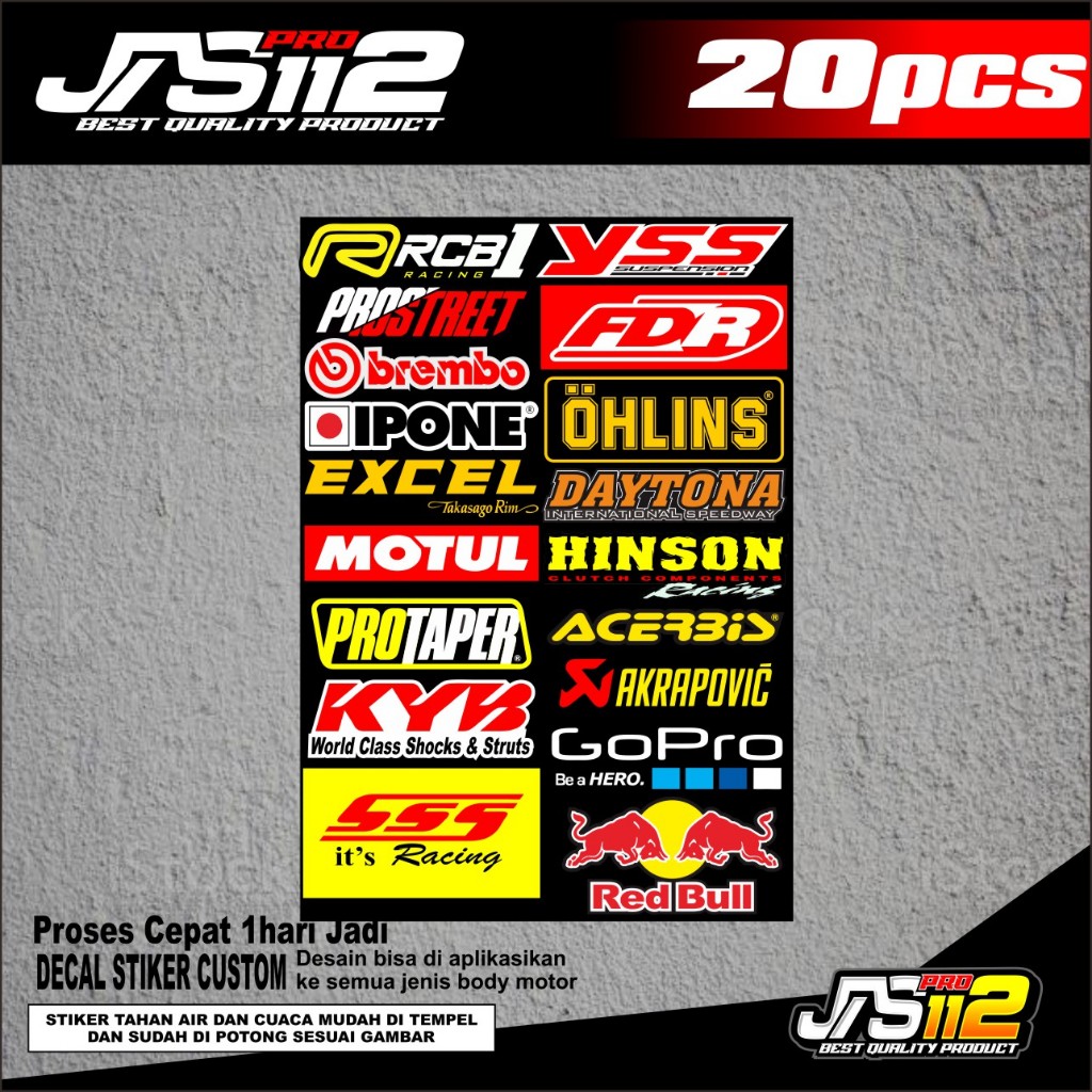 

PAKET STIKER PACK ANTI LUNTUR MURAH KUALITAS OKE BRAND RACING VND SPAYLATER DLL.