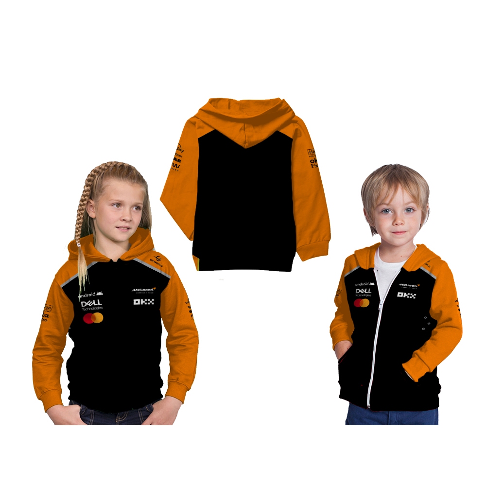 Jaket Hoodie Anak F1 Mclaren Hitam Orange 2025 Balap Mobil Formula Satu Custom Full Printing