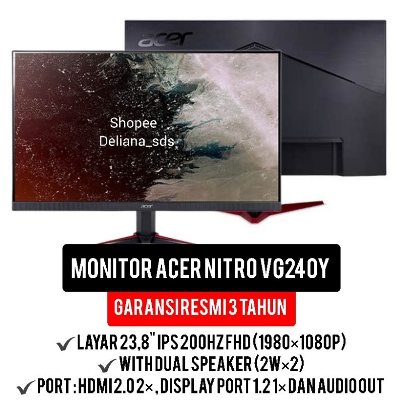 Monitor Acer Nitro VG240Y 24" IPS 200Hz FHD Garansi Resmi 3 Tahun Monitor Acer VG240Y Monitor Acer 2