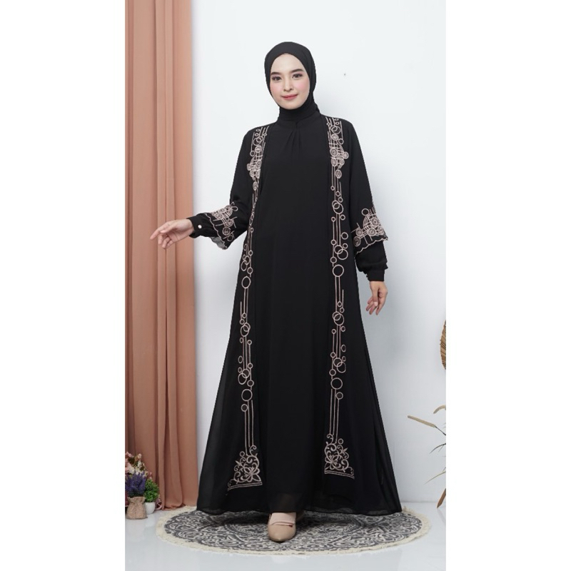 Abaya Cantik by Fataya - Gamis Outer Lepas Pasang 2 in 1 Hitam Motif Roda, Bordir Benang Keemasan, B