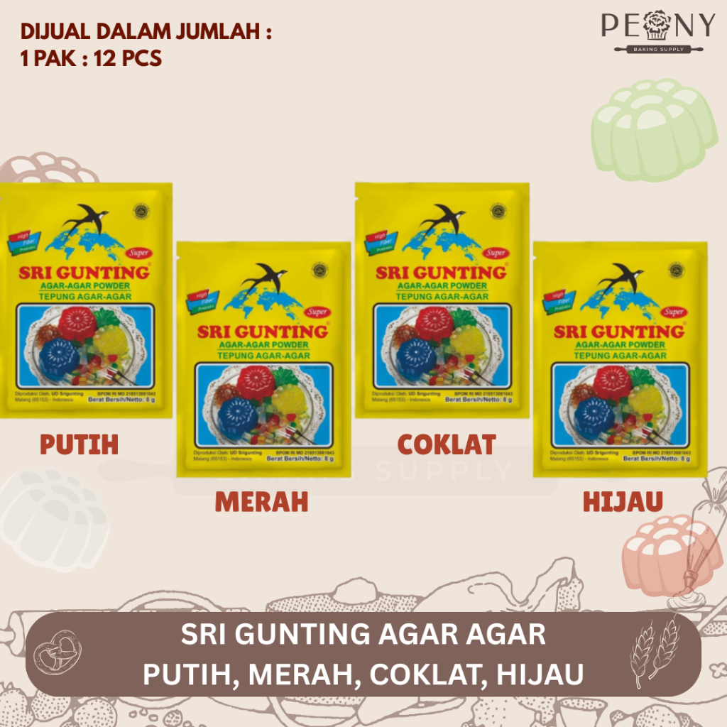 

(LUSIN/ 12 PCS) SRI GUNTING AGAR AGAR MERAH, COKLAT, PUTIH, HIJAU / AGAR AGAR SRIGUNTING