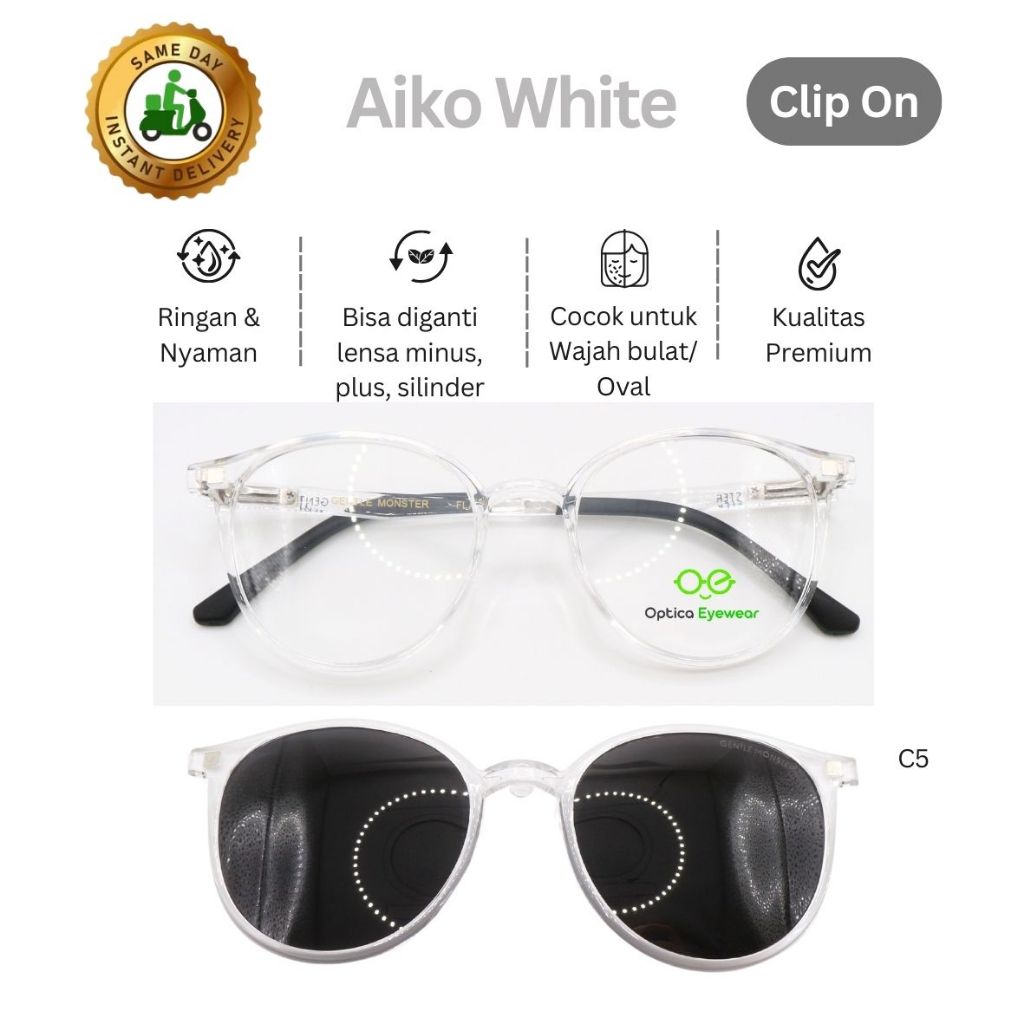 Promo Frame Kacamata CLIP ON AIKO WHITE C5 , Lensa minus, plus, silinder, progresif, kualitas optik 