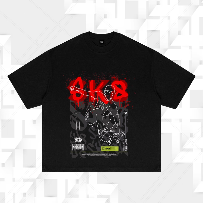 Kaos Hitam "SK8 REBEL" - Desain Grafiti Urban dengan Siluet Skateboarder & Teks Bold Streetwear Tren