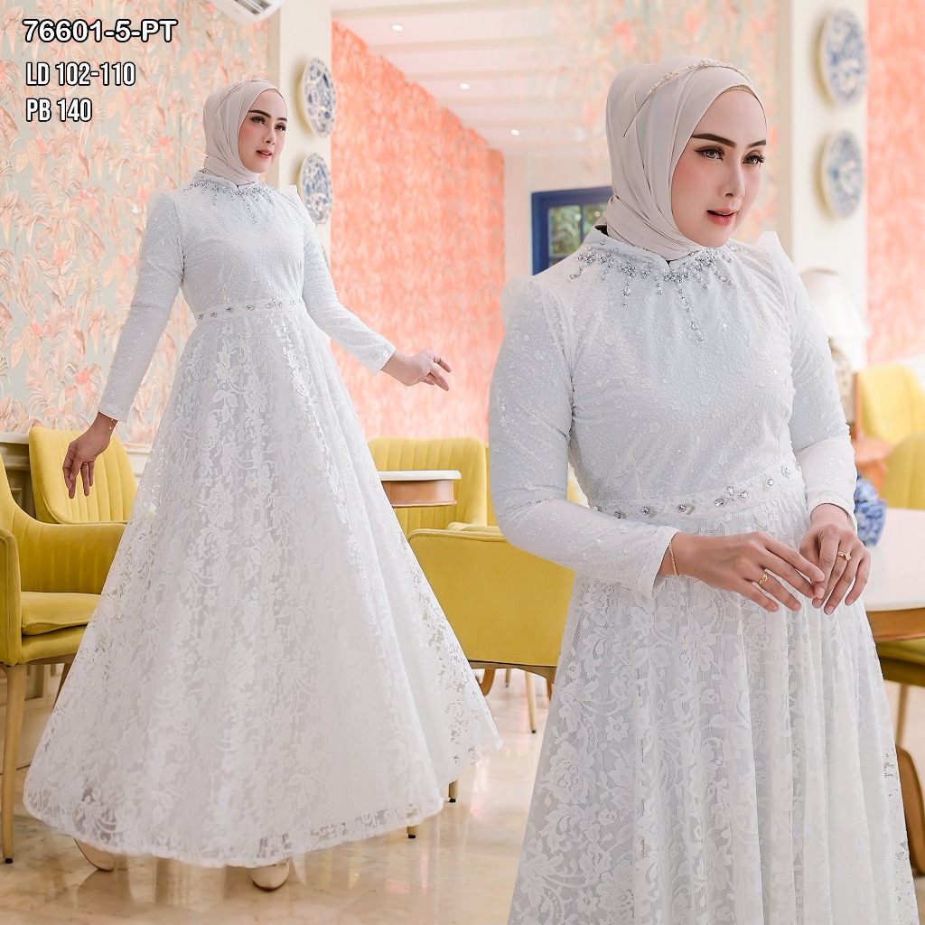 Gamis Putih Tile Payet Kombinasi Brukat Baju Muslim Vima 76601