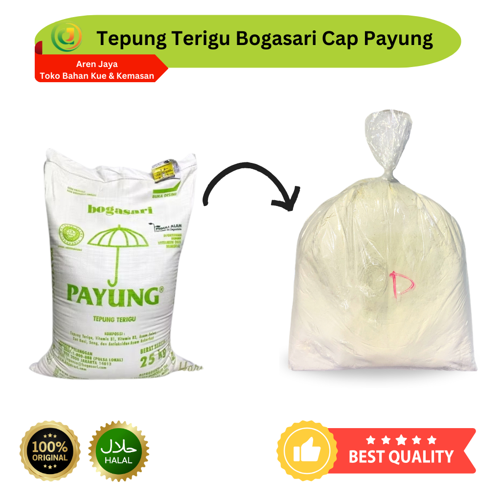 

Tepung Terigu Cap Payung Bogasari Protein Rendah Curah Kiloan Repack 1 Kg Original