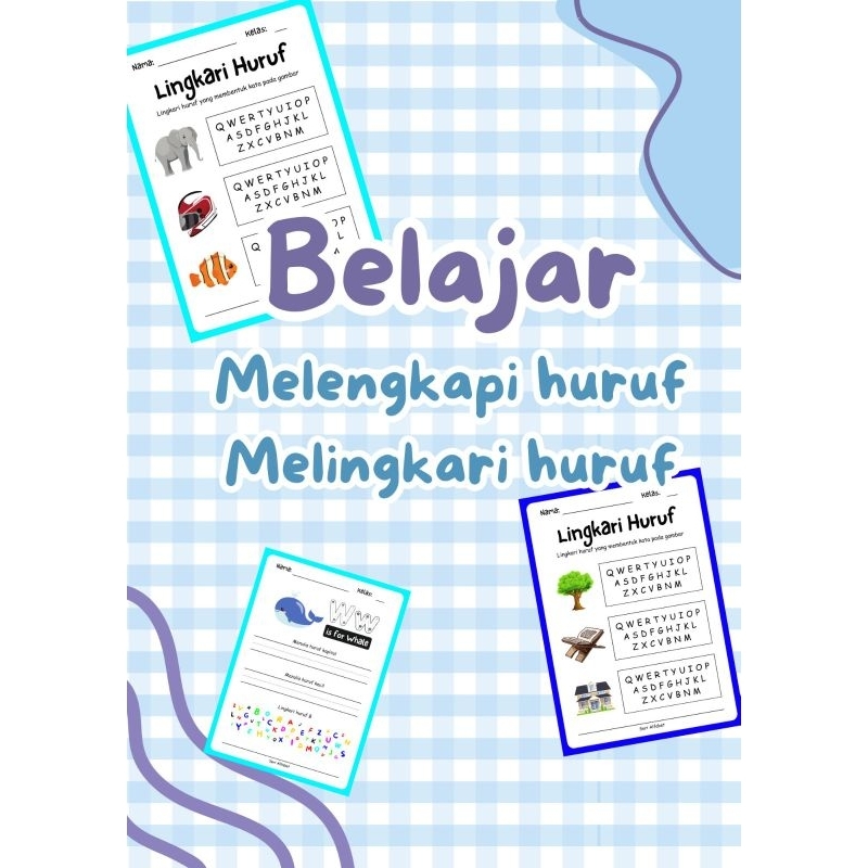 48 lembar seri belajar melengkapi huruf dan melingkari huruf - Worksheet abjad TK-SD kelas 1