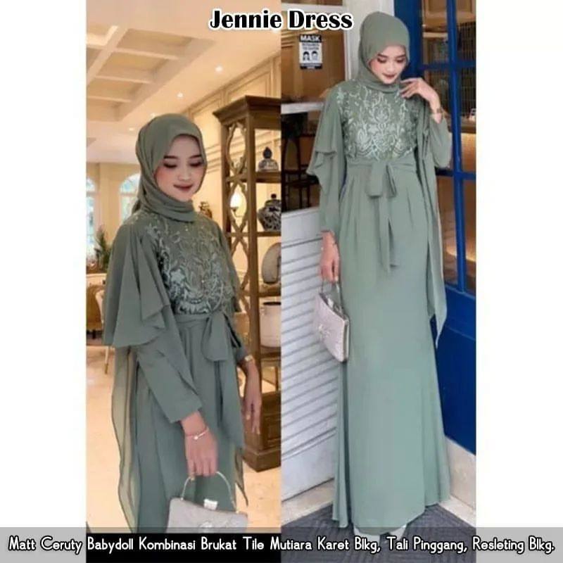 JENNIE Dress + Pashmina Bahan Ceruty Baby Doll Full Furing & Brokat, Modis Anggun untuk Acara Formal
