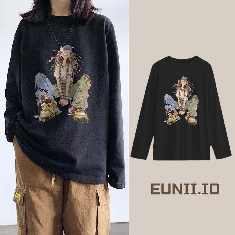 EUNII Kaos Wanita Lengan Panjang Longgar Motif Potret/Atasan Longgar Lengan Panjang Wanita Terbaru/K