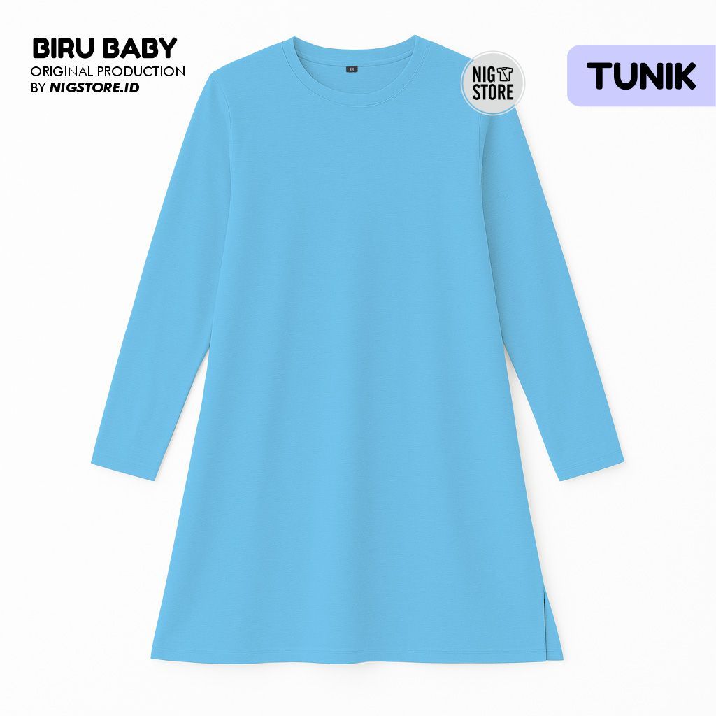 Nigstore - Kaos Tunik Polos Biru Baby Lengan Panjang Cotton Combed 30s - Wanita Muslim