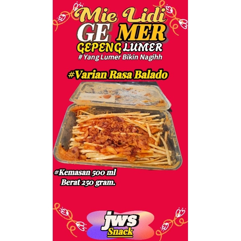 

Mie Lidi GEMER Gepeng Lumer Kemasan 1000ml Berat 500gr