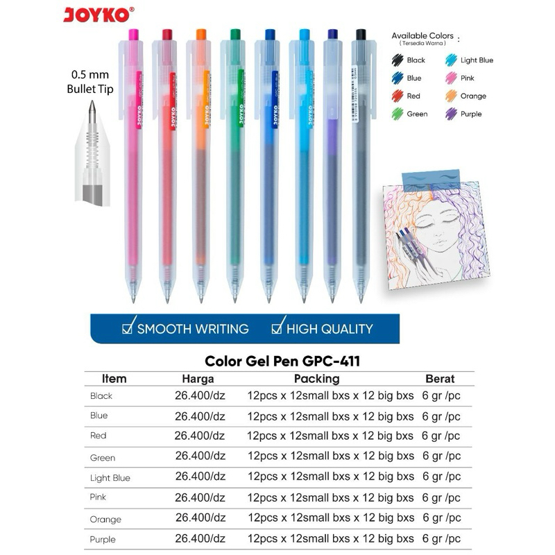 

( 1 pcs ) GPC 411 Pulpen Retractable tinta Warna Warni Joyko / Gelpen Color Cetrek GPC-411 / Bolpen Jel Warna GP-411 0.5mm Joyko ( tersedia harga lusin )