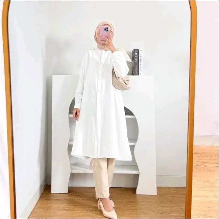 atasan tunik panjang wanita polos full kancing depan semi gamis wanita long tunik terbaru