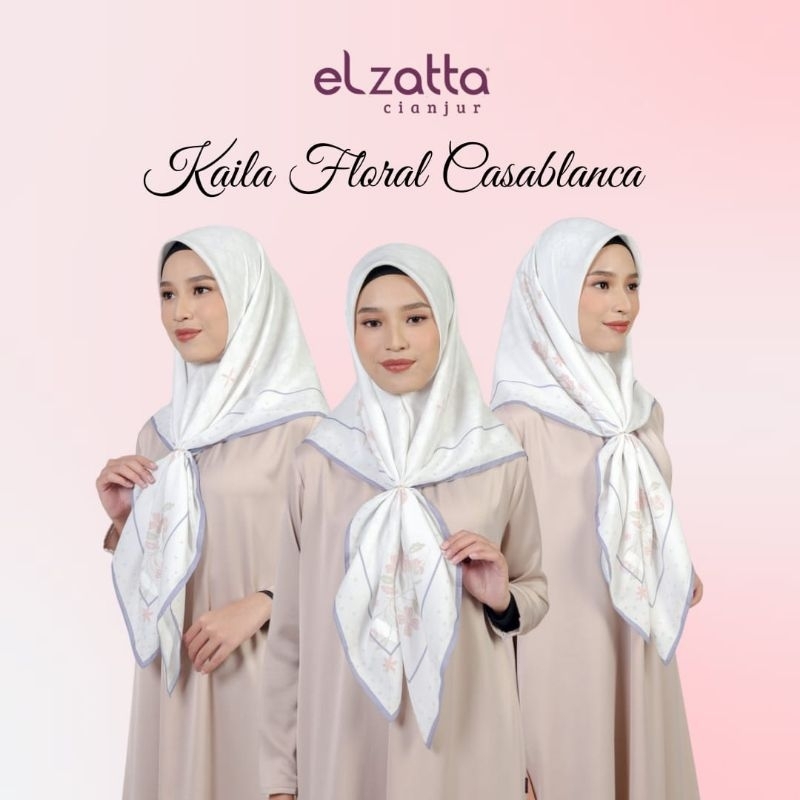 ELZATTA HIJAB SEGI EMPAT KAILA FLORAL CASABLANCA MOTIF PREMIUM BAHAN VOAL POLYCOTTON KERUDUNG ELZATT