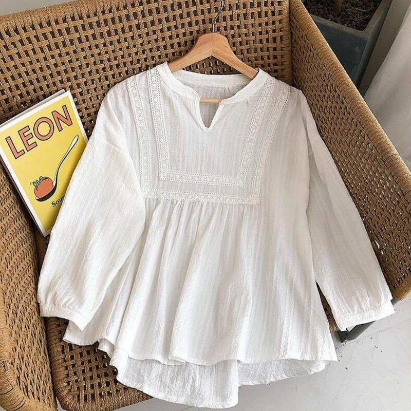 (NEW) Korean Blouse Putih Crinkle Renda