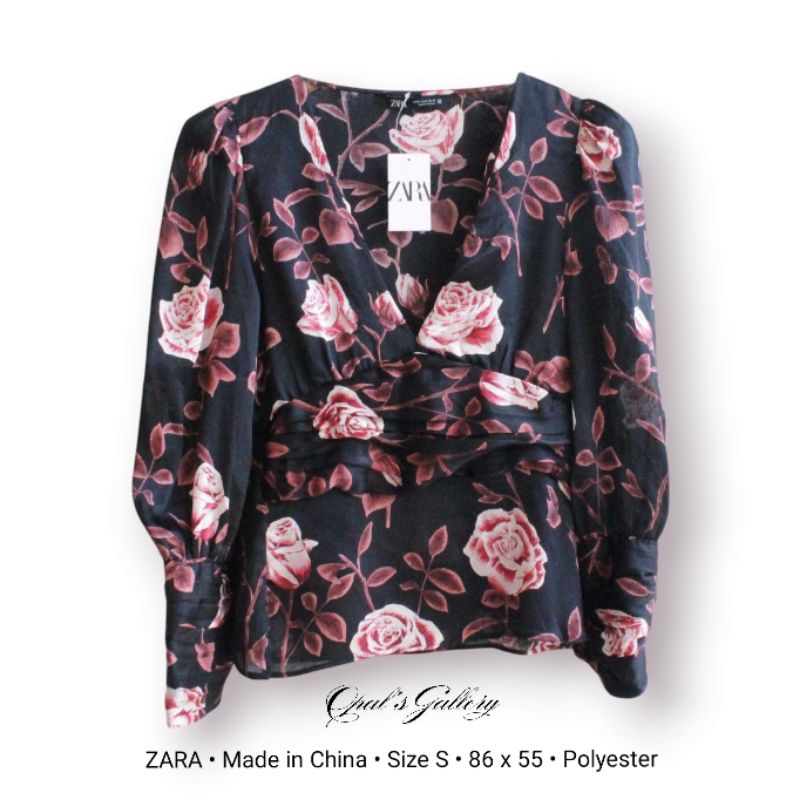 ZARA • Premium Rose Print Pink Black Floral Silky Peplum Floral Blouse Top Atasan Blus Mewah Lengan 