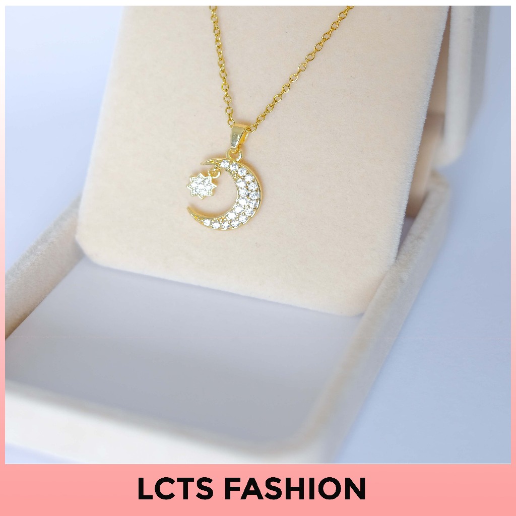 Kalung Wanita Bulan Bintang Kristal Elegan Lapis Emas LCTS Fashion