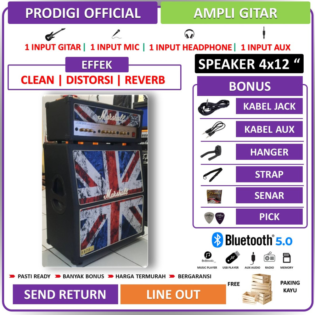 Ampli Gitar & Bass 4x12 Inch bluetooth bisa untuk karaoke 3 Input Marshall Head Cabinet Bonus Kabel 