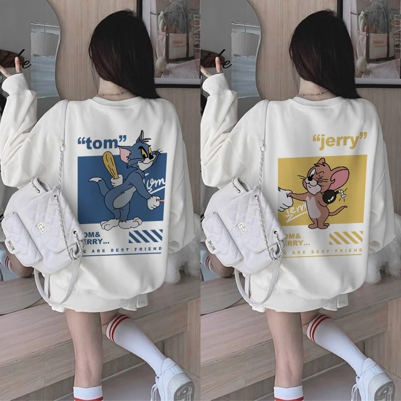 FREE ONGKIR IHKKE SWEATER OVERSIZE WANITA KARTUN TOM AND JERRY COUPLE MOTIF PRINT LENGAN PANJANG