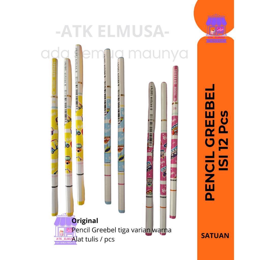 

Pensil Greebel 2B. 3 varian warna: Biru, Pink dan Kuning.