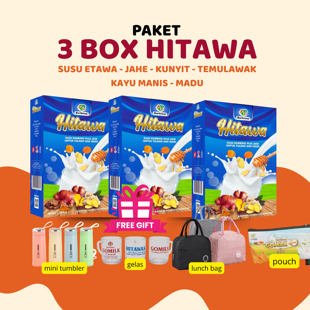 

Free Gelas Cantik ! Paket 3 Dus HITAWA Susu Kambing Etawa PREMIUM plus JAHE MERAH Aqilamart Trangsan
