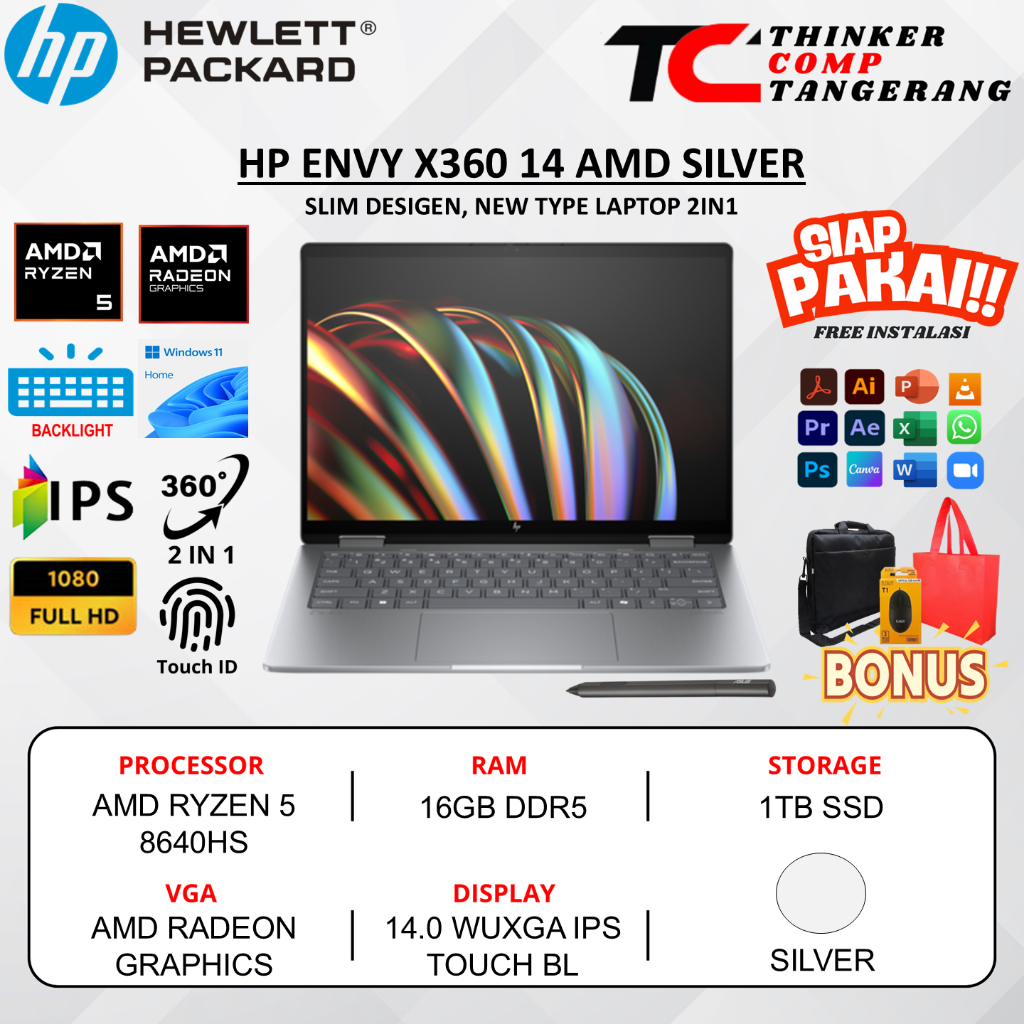 Laptop 2in1 Hp Envy x360 14 Amd Ryzen 5 8640HS 16GB DDR5 1TB WUXGA IPS Touchscreen Win11