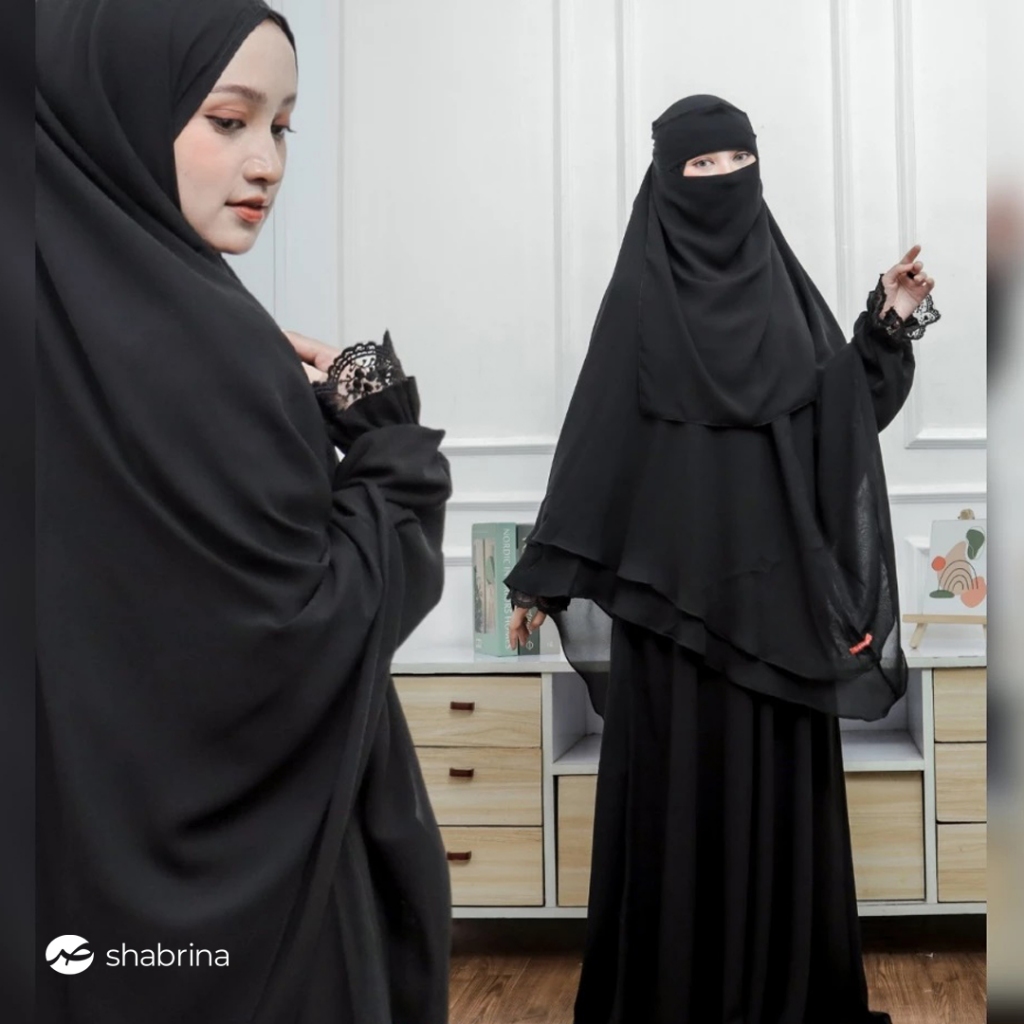 [JETBLACK PREMIUM] Set Gamis Syar'i Hijab Jumbo + Cadar Bandana Bahan Jetblack Premium Model Lengan 