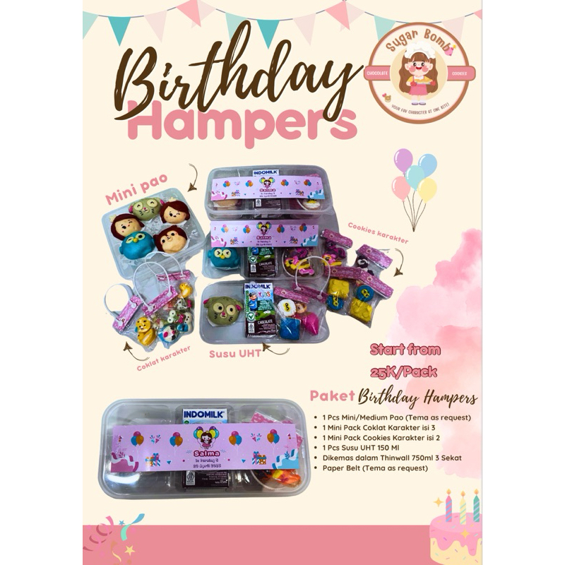

Birthday Hampers | Hampers Ultah | Souvenir Ultah | Mini Pao | Coklat Karakter | Cookies Karakter