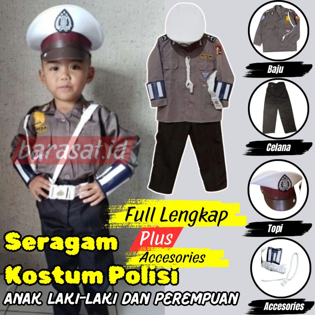 berkualitas terlaris promo terbaru SERAGAM POLISI ANAK TK/paud LENGKAP+ATRIBUT Lengkap Atribut POCIL