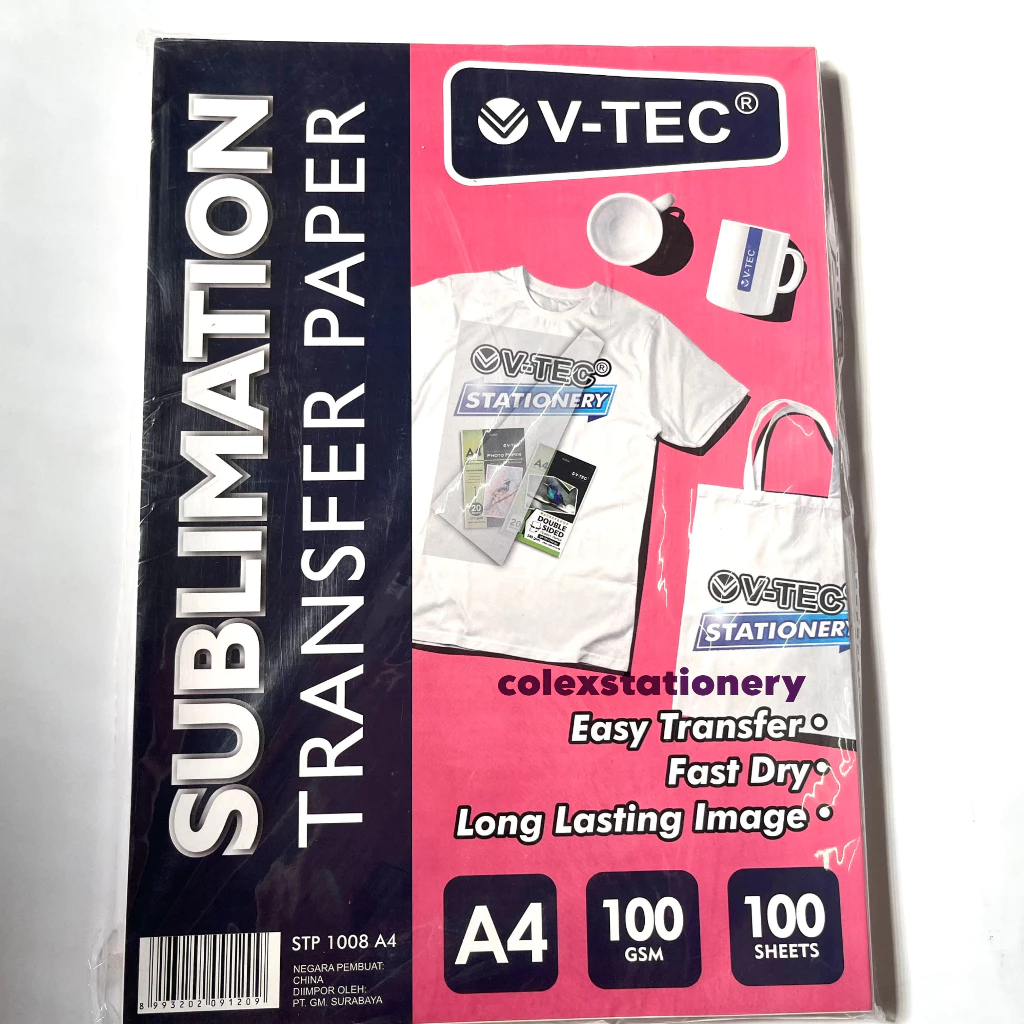 

Kertas Sablon Sublim Transfer Paper A4 V-TEC Sublimation 1008 100 GSM ISI 100 Lembar