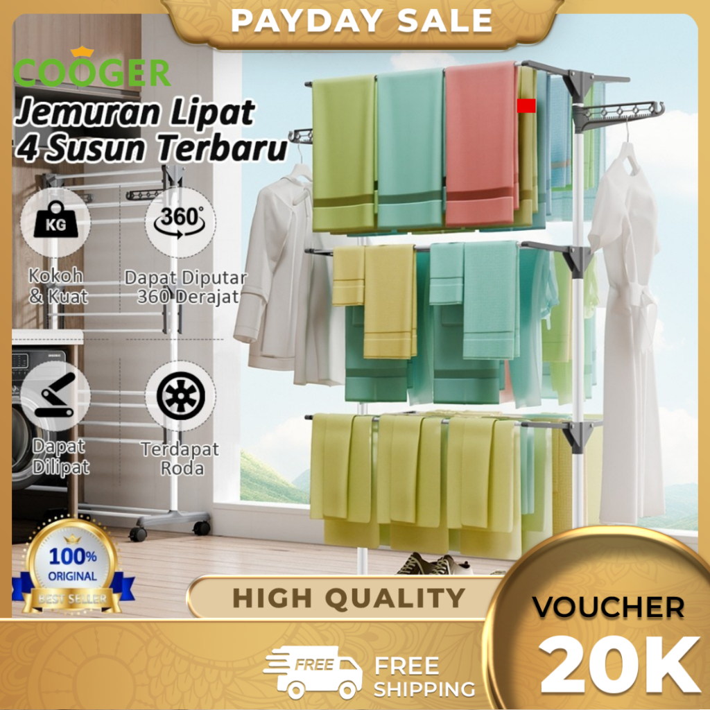 COOGER Rak Jemuran Baju Lipat Pakaian Tempat Jemuran Pakaian Rak Jemuran Handuk Menara Stainless Ste