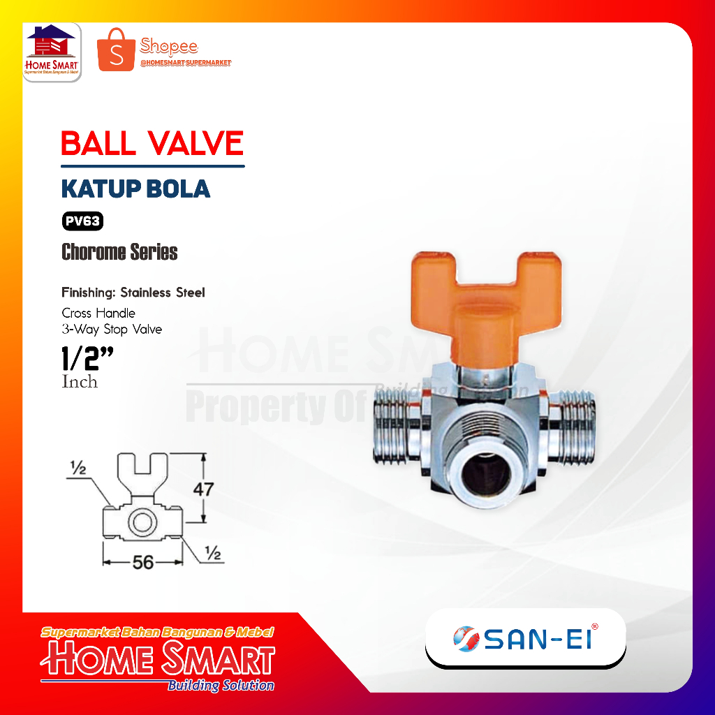 San-Ei V 63 1/2" Stop Kran Ball Valve 3 Way L Port Keran Air ASLI JEPANG
