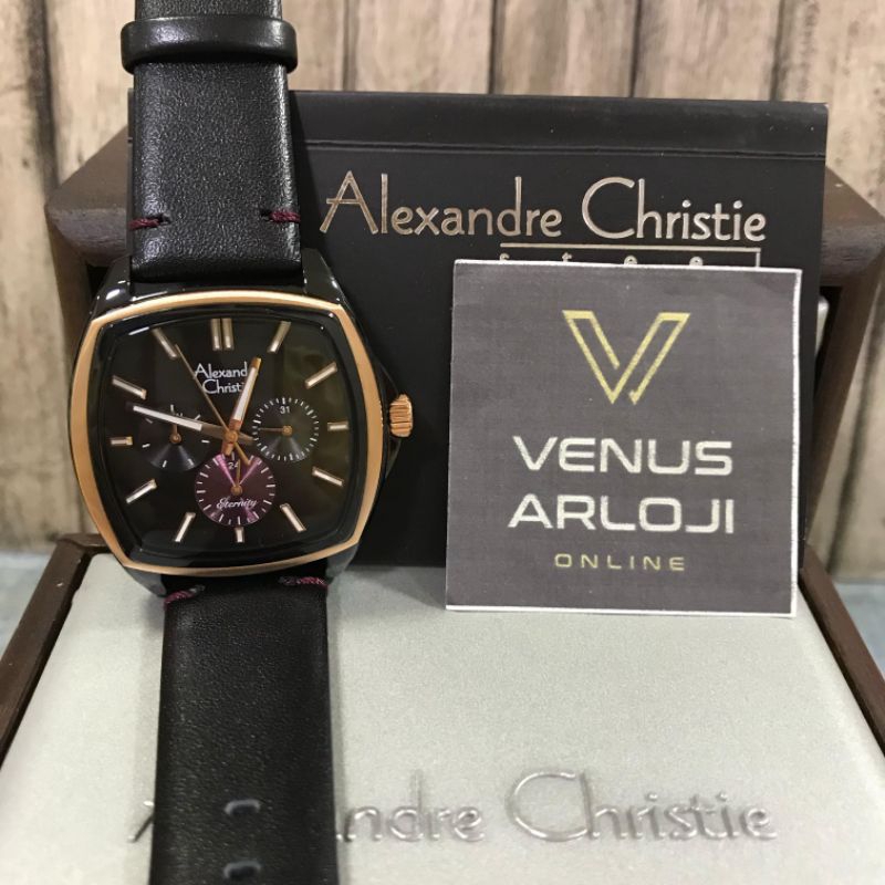 Jam Alexandre Christie AC 6616 BF LBR Wanita Hitam Rosegold Kulit Hitam Segi