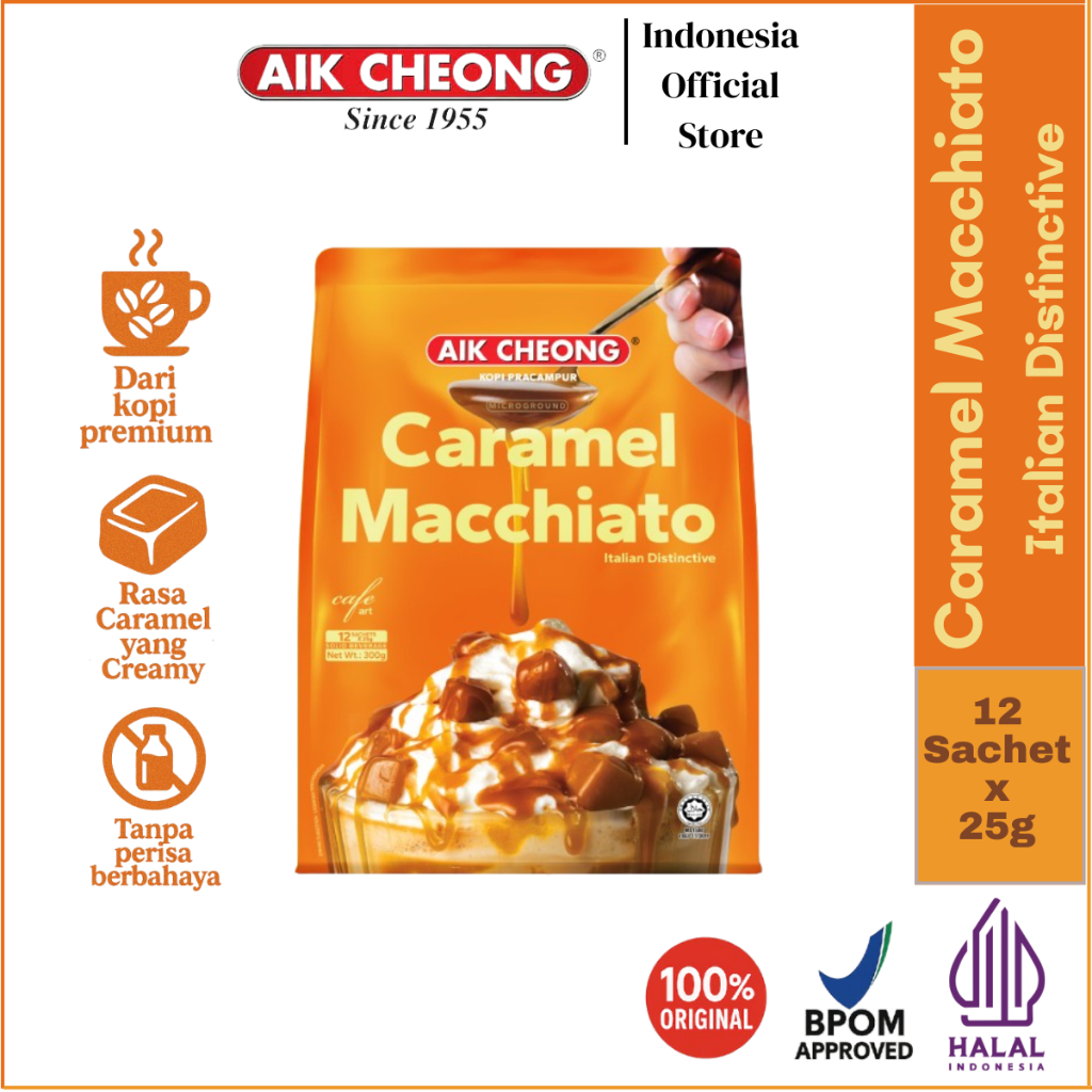 

Aik Cheong Caramel Macchiato Italian Distinctive Coffee with Creamy Caramel Cita Rasa Italia One Pack 12 sachet - 300g